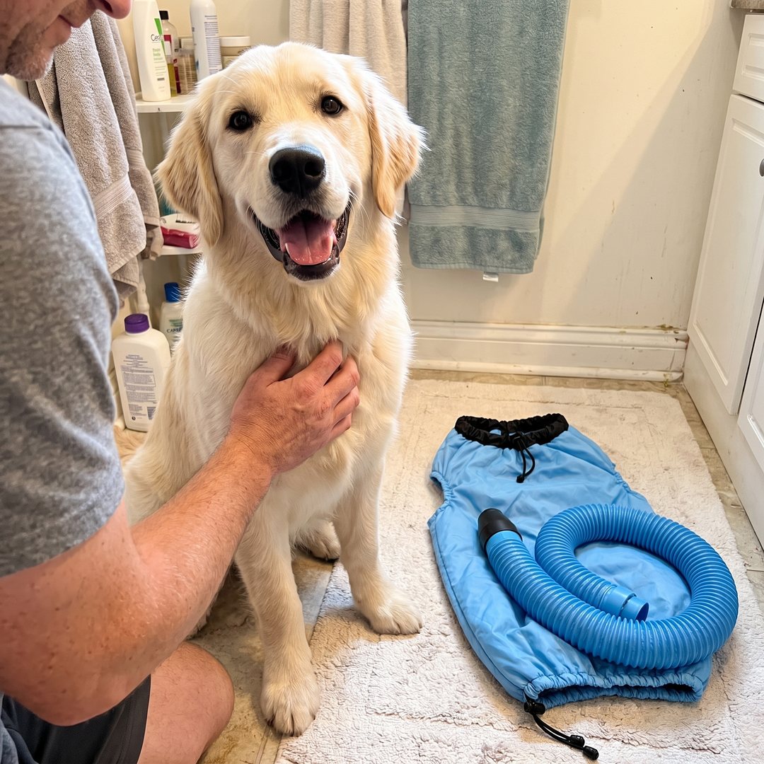 The same golden retriever, dry and fluffy