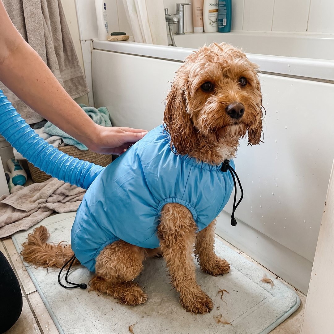 A small Cavapoo in the size S FluffDry suit with its owner