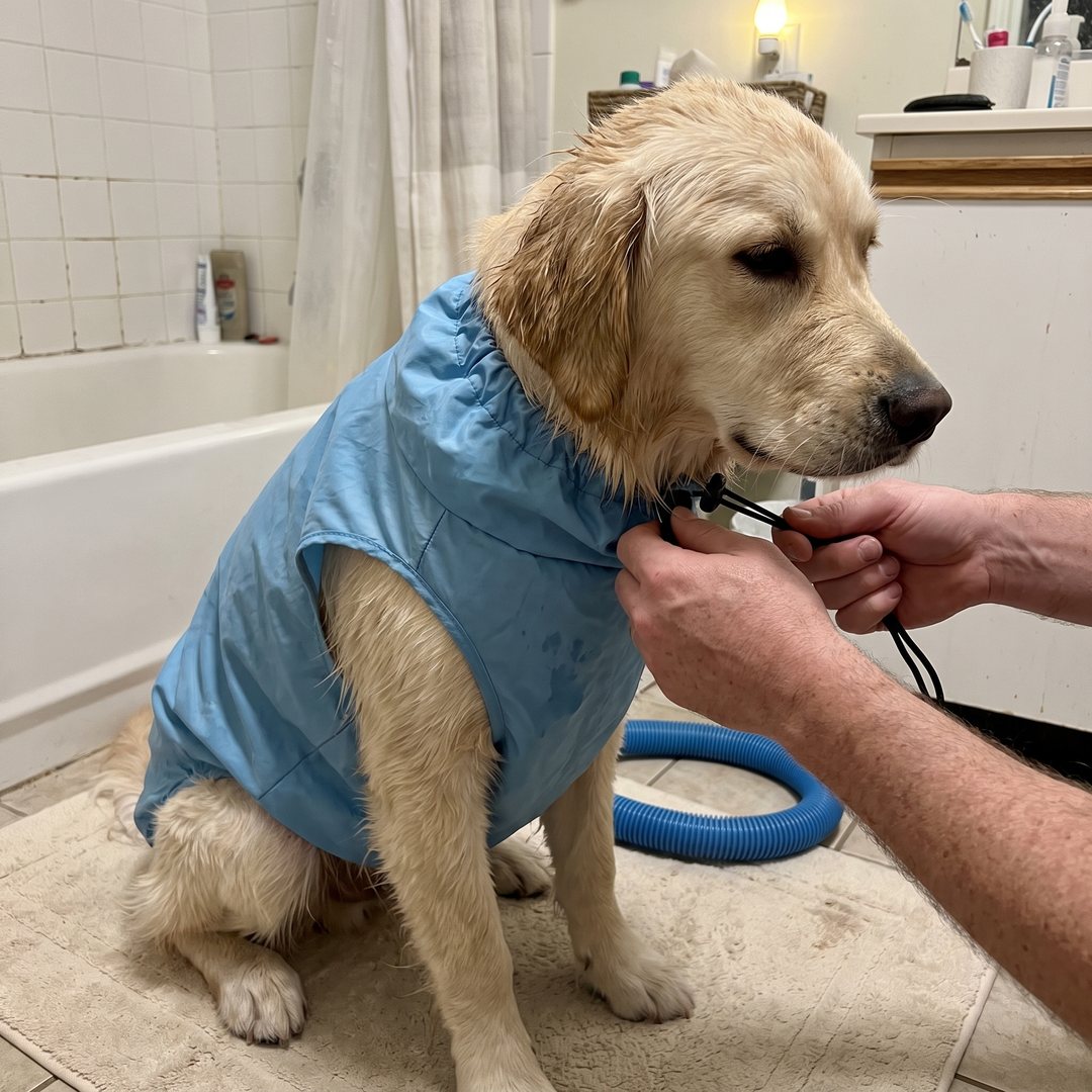 Snugging the FluffDry drawstring around a damp golden retriever