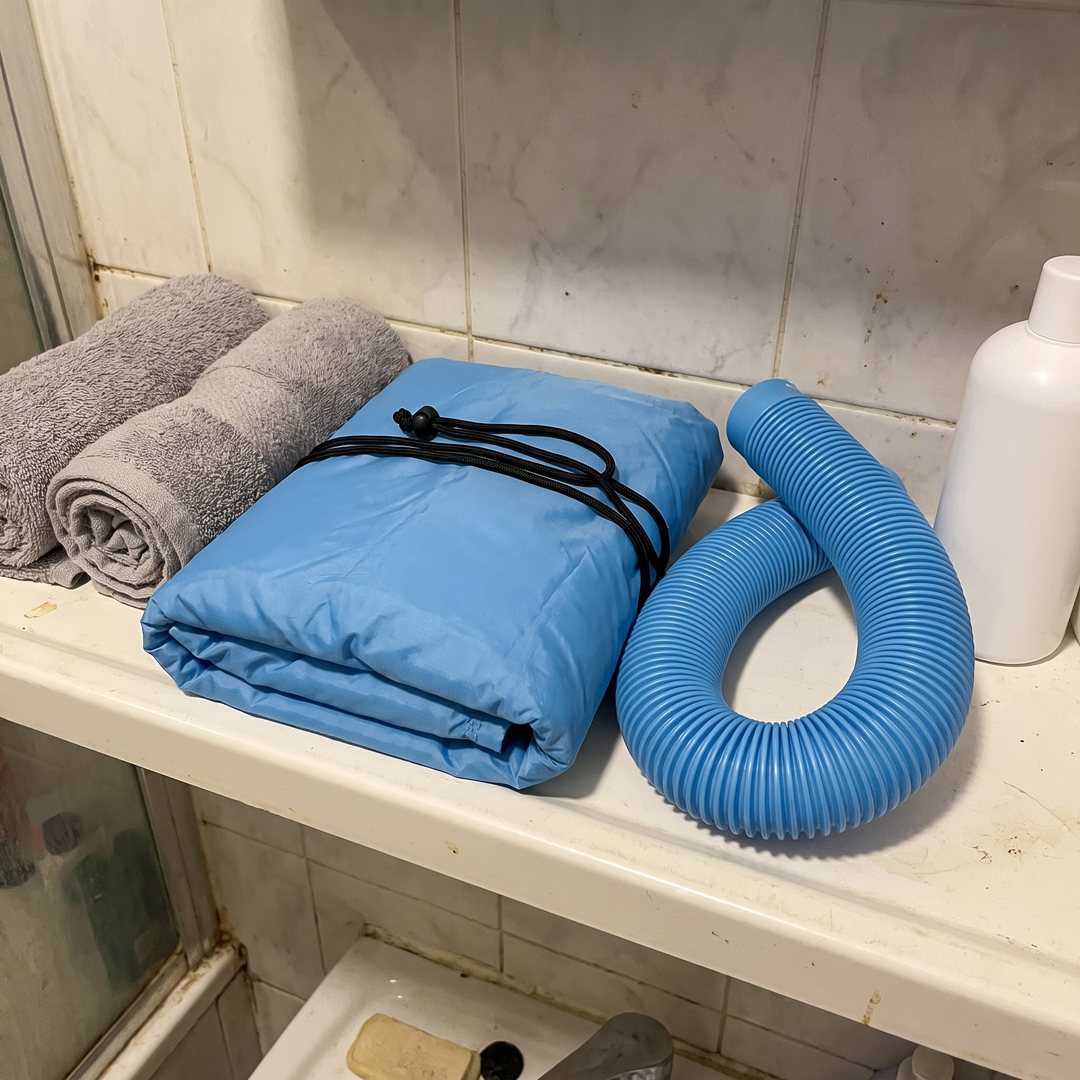 The FluffDry suit folded flat on a bathroom shelf with its hose