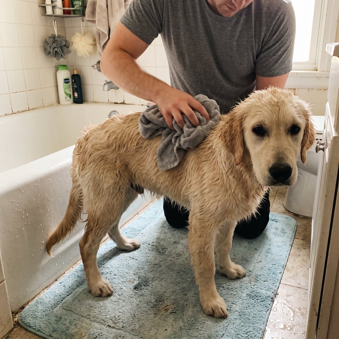 Towel-drying a wet golden retriever beside the bath